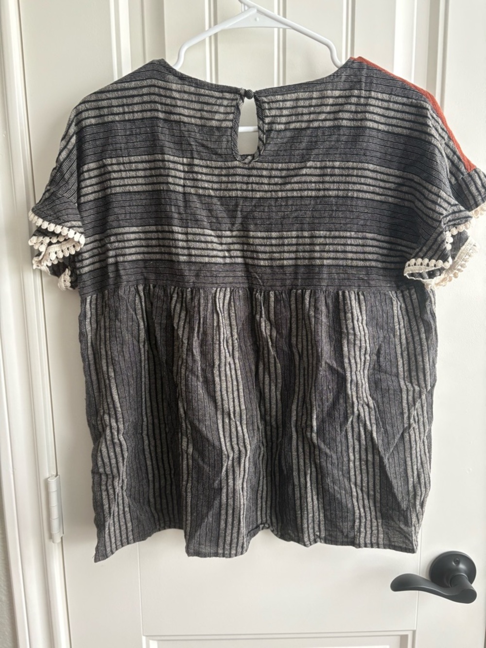 THML Rust and Charcoal Striped Pom-Trim Blouse - Picture 3 of 5